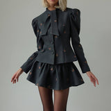 Embroidered Waist-Cinched Blazer & Mini Skirt Two Piece Set