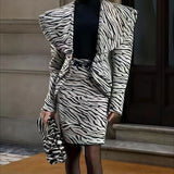 V Neck Zebra Print Two Piece Blazer Skirt Set
