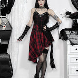Gothic Y2K Irregular Red Plaid Lace Vintage Backless Patchwork Party Club Dress