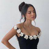 Elyse - Floral Neckline Solid Mini Dress