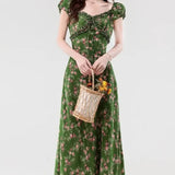 Retro Slim Green V-Neck Floral Dress