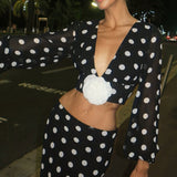 Polka Dot V-Neck Crop Skirt Two Pieces Set