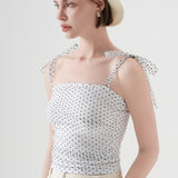 Polka Dot Halter Cropped Ruched Tie Front Tank Top