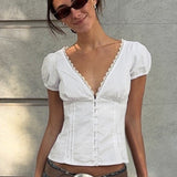 Lace Paneled V Neck Puff Short Sleeve Blouse
