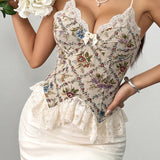 Lace Trim Patchwork Boned Corset Tank Top