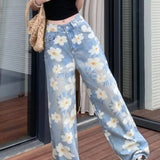 Washed Floral Print Baggy Jeans
