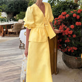 Solid Casual V-Neck Ruffle Short Sleeve Skirt Set