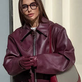 Burgundy Lapel Zip Leather Jacket