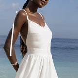 Cotton V Neck Spaghetti Strap Elegant Tie Backless Midi Dress