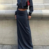 Blue Zipper Crop Low Waist Office Two Piece Set