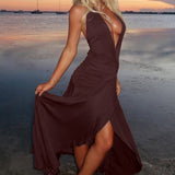 Halter V-Neck Backless Ruched High Slit Party Dress