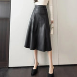 A-line Leather Splicing High Waist For Women Office Mid-length Female Autumn Winter PU Umbrella Skirt