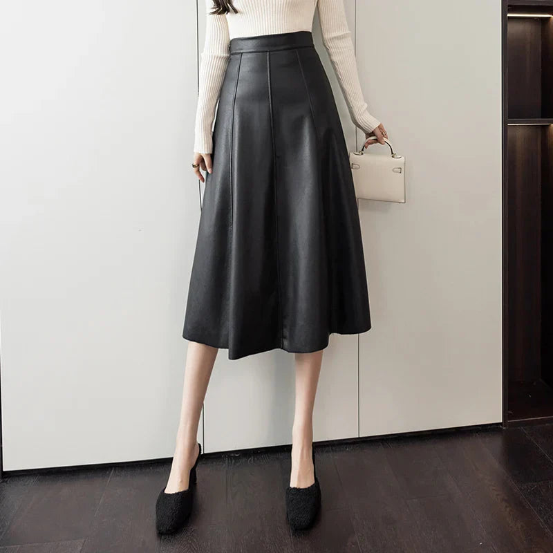 A-line Leather Splicing High Waist For Women Office Mid-length Female Autumn Winter PU Umbrella Skirt
