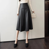 A-line Leather Splicing High Waist For Women Office Mid-length Female Autumn Winter PU Umbrella Skirt