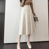 A-line Leather Splicing High Waist For Women Office Mid-length Female Autumn Winter PU Umbrella Skirt