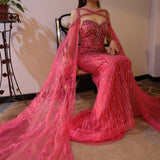 Turquoise Mermaid Evening Gown with Cape Sleeves