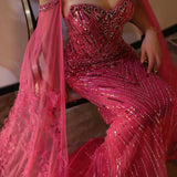 Turquoise Mermaid Evening Gown with Cape Sleeves
