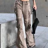 Cargo Flared Jeans Women Oversize Pocket Low Waist Denim Pants