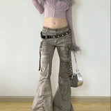 Cargo Flared Jeans Women Oversize Pocket Low Waist Denim Pants