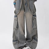 Women Y2k Vintage Waist Wide Leg Denim Trousers Streetwear Casual Pockets Pants