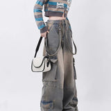 Women Y2k Vintage Waist Wide Leg Denim Trousers Streetwear Casual Pockets Pants