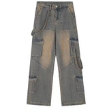 Women Y2k Vintage Waist Wide Leg Denim Trousers Streetwear Casual Pockets Pants