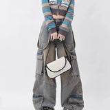 Women Y2k Vintage Waist Wide Leg Denim Trousers Streetwear Casual Pockets Pants