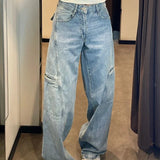 Cargo Jeans Women Fashion Blue Wide Leg High Waist Denim Pants
