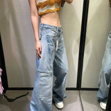 Cargo Jeans Women Fashion Blue Wide Leg High Waist Denim Pants