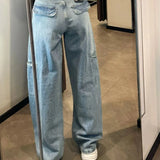 Cargo Jeans Women Fashion Blue Wide Leg High Waist Denim Pants