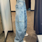 Cargo Jeans Women Fashion Blue Wide Leg High Waist Denim Pants