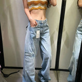 Cargo Jeans Women Fashion Blue Wide Leg High Waist Denim Pants