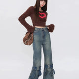 Women Denim Y2k Loose Bow Straight High Waist Pants Streetwear Wide Leg Pants