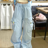 Cargo Pants Women Blue Y2K Loose Pocket Embroidery Wide Leg Sport Pants