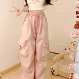 Cargo Pants Women Blue Y2K Loose Pocket Embroidery Wide Leg Sport Pants