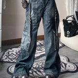 Waist Cargo Jeans Women Y2k Vintage Loose Zipper Pockets Patchwork Streetwear Pants