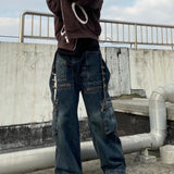 Waist Cargo Jeans Women Y2k Vintage Loose Zipper Pockets Patchwork Streetwear Pants