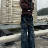 Waist Cargo Jeans Women Y2k Vintage Loose Zipper Pockets Patchwork Streetwear Pants