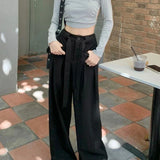 Waist Women Y2k Baggy Belt Pleated Wide Leg Sport Streetwear Pants