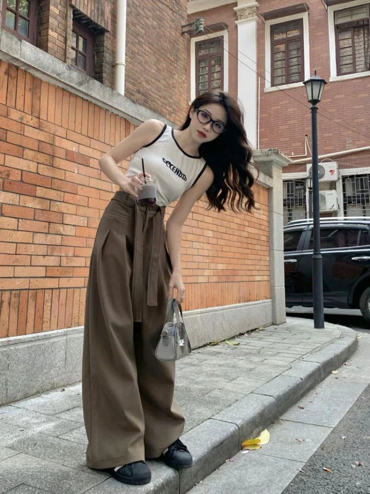 Waist Women Y2k Baggy Belt Pleated Wide Leg Sport Streetwear Pants