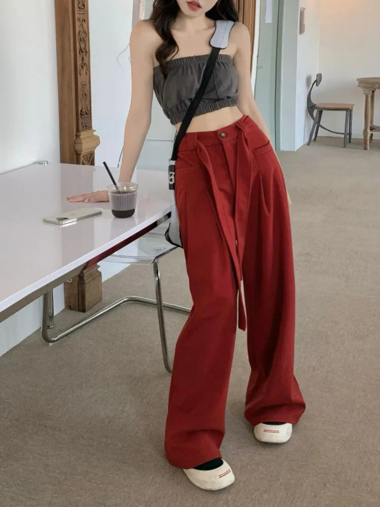 Waist Women Y2k Baggy Belt Pleated Wide Leg Sport Streetwear Pants