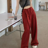 Waist Women Y2k Baggy Belt Pleated Wide Leg Sport Streetwear Pants