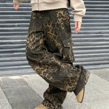 Leopard Waist Cargo Jeans Women Y2k Vintage Pockets Wide Leg Denim Pants