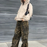 Leopard Waist Cargo Jeans Women Y2k Vintage Pockets Wide Leg Denim Pants