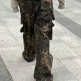Leopard Waist Cargo Jeans Women Y2k Vintage Pockets Wide Leg Denim Pants