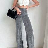 Vintage High Waist Stretch Wide Leg Glitter Rhinestone Bling Diamond Pants