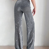 Vintage High Waist Stretch Wide Leg Glitter Rhinestone Bling Diamond Pants