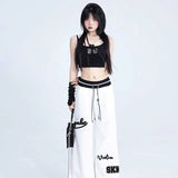 Women Sports Pants Hip Hop Baggy Letter Pattern Wide Leg Jogging Pants