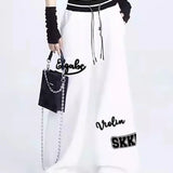 Women Sports Pants Hip Hop Baggy Letter Pattern Wide Leg Jogging Pants