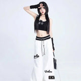 Women Sports Pants Hip Hop Baggy Letter Pattern Wide Leg Jogging Pants